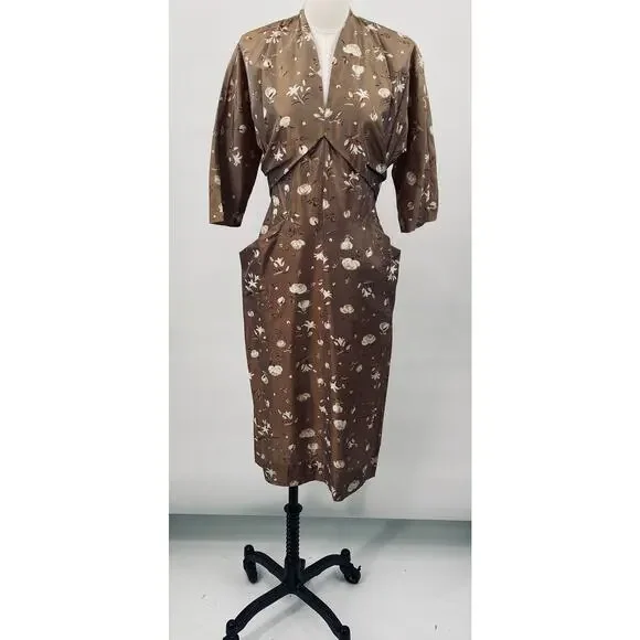 Vintage 40s 50s Floral Satin Sheath Dress V Neck Pockets Cinched Waist Brown 10 - Picture 2 of 12